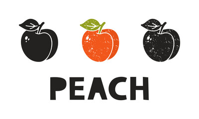 Peach, silhouette icons set with lettering. Imitation of stamp, print with scuffs. Simple black shape and color vector illustration. Hand drawn isolated elements on white background
