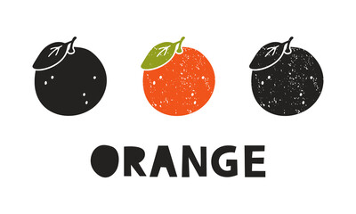 Orange, silhouette icons set with lettering. Imitation of stamp, print with scuffs. Simple black shape and color vector illustration. Hand drawn isolated elements on white background - 482376164