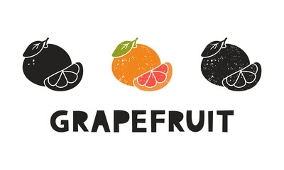 Grapefruit, silhouette icons set with lettering. Imitation of stamp, print with scuffs. Simple black shape and color vector illustration. Hand drawn isolated elements on white background - 482376167