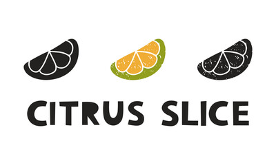 Citrus slice, silhouette icons set with lettering. Imitation of stamp, print with scuffs. Simple black shape and color vector illustration. Hand drawn isolated elements on white background