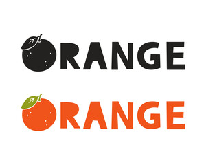 Orange lettering. Hand drawn text with citrus fruit. Simple black shape and color vector illustration. Isolated elements on white background for packaging design, label, print - 482376171