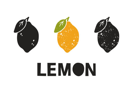 Lemon, silhouette icons set with lettering. Imitation of stamp, print with scuffs. Simple black shape and color vector illustration. Hand drawn isolated elements on white background