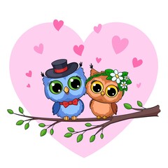 Owl in love. Cute owls sitting on branch, cartoon night forest birds. Romantic wild couple together. Valentines day present postcard, garish vector poster