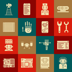 Set Worker robot, Software, web developer programming code, Spanner, Robot doctor, Mechanical hand, Printed circuit board PCB, Antenna and Bot icon. Vector
