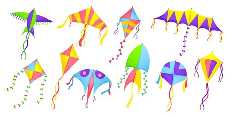 Fototapeta premium Isolated kite. Cartoon colorful kites, summer kids toys for outdoor plays. Happy wind festival elements, air flying simple objects, neat vector set