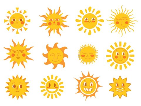 Yellow sun characters. Smile sun, summer weather emoticon. Cute comic cartoon faces, happy sunny holiday symbols. Sunshine, doodle seasonal neat vector set