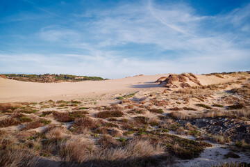 Wild sandy landscape, with part of Cresmina Dunes. Beautiful scenery in Portugal.
