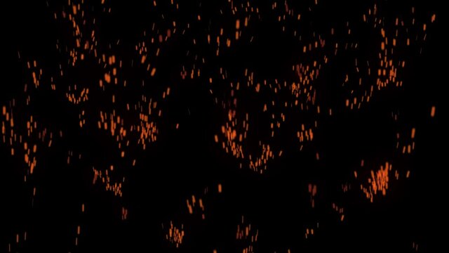 Glowing flying ember, burning ash particles. Hot fire sparks isolated. 4K animation of flying coals from the flame.