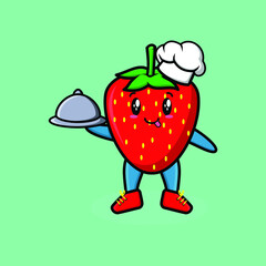 Cute Cartoon chef strawberry mascot character serving food on tray cute style design for t-shirt, sticker, logo element