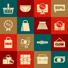 Set Stacks paper money cash, Hanging sign with Closed, Percent discount and laptop, monitor, Paper shopping bag, Discount percent tag, Shopping basket and Skirt icon. Vector