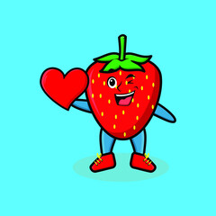Cute cartoon mascot character strawberry mascot holding big red heart in modern style design for t-shirt, sticker, and logo element