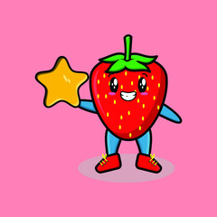 Cute cartoon mascot character strawberry mascot holding big golden star in cute modern style design for t-shirt, sticker, logo element