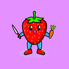 Cute cartoon mascot character strawberry holding knife and carrot in modern style design for t-shirt, sticker, logo element