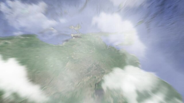 Zoom in from space and focus on Venezuela, Maturin. 3D Animation. Background for travel intro. Elements of this image furnished by NASA