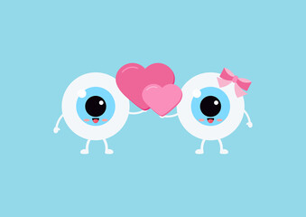 Fototapeta premium Eye ball couple in love with hearts in hand. Happy Valentines Day cute eyeballs holds pink hearts. Flat design cartoon funny ophthalmology character vector illustration. 