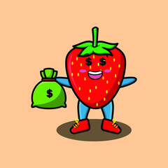 Cute cartoon Crazy rich strawberry with bank sack shaped funny in modern design for t-shirt, sticker, logo element