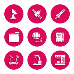 Set Social network, Robotic robot arm hand factory, Coffee machine, Motherboard, Router wi-fi signal, Document folder, Rocket ship with fire and Radar icon. Vector