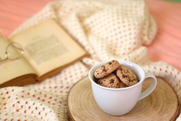 Mug filled with chocolate chip cookies, open book, reading glasses and knitted blanket on the bed. Selective focus.