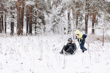 Fototapeta na wymiar Happy children sledding down in winter snowy forest. Teenage boys having fun riding sledge and playing on frosty day. Wintertime activity outdoors. Two joyful friends in warm clothes walking in nature