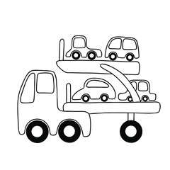 Vector outline illustration with car transporter. Cartoon illustration for children creativity - colouring page, sticker. Kids room decor