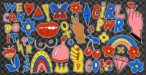 Girl power set of modern stickers, patches, badges. Feminism. Female power and solidarity, women s collection of retro 70s hippie style elements. GRL PWR hand lettering. Vector illustration