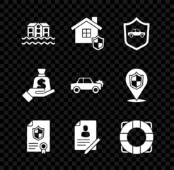 Set House flood, with shield, Car, Contract, Document, Lifebuoy, Money in hand and icon. Vector