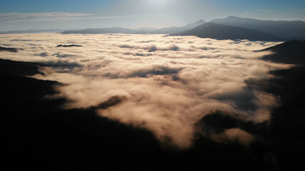 Aerial view: Amazing Thick Morning Fog Covering Mountains Spice and Spruce Forest.