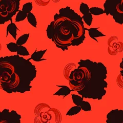  Vector bloemen naadloos rood-zwart patroon met decoratieve rozen op dieprode achtergrond voor ontwerptextiel, fabric © Valentina