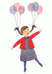 girl flying with balloons