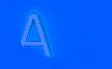 Letter A Is Azure on Azure background. Part of letter is immersed in background. Horizontal image. 3D image. 3D rendering.