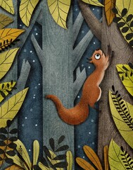 Red squirrel on a tree in the forest 