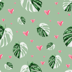 Monstera and pink hearts watercolor seamless pattern. Template for decorating designs and illustrations.	
