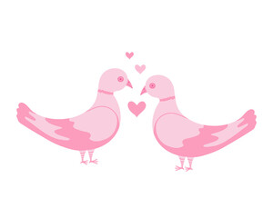 Pigeons, fall in love, hearts. Vector Illustration for printing, backgrounds, covers, packaging, greeting cards, posters, stickers, textile and seasonal design. Isolated on white background.