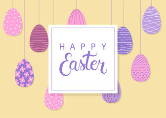 Happy Easter greeting card template. Colorful decorated Easter eggs in flat style. Pink, purple and blue colors