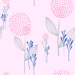 Plants and flowers are a delicate seamless pattern in pink.