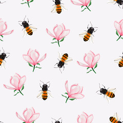 Pink magnolia flowers among bees watercolor seamless pattern. Template for decorating designs and illustrations.	

