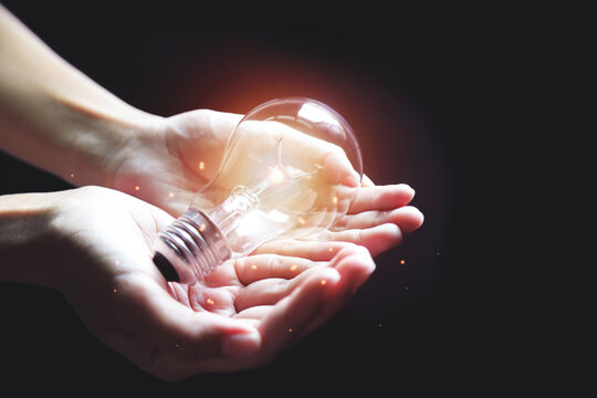 Shining light bulb on hand with growing light for creative idea using concept. Creativity photo for inspiration thinking of way.