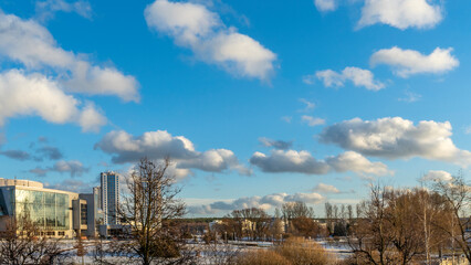 A young city park against a bright blue sky with clouds. Urban landscape. First snow in the city.