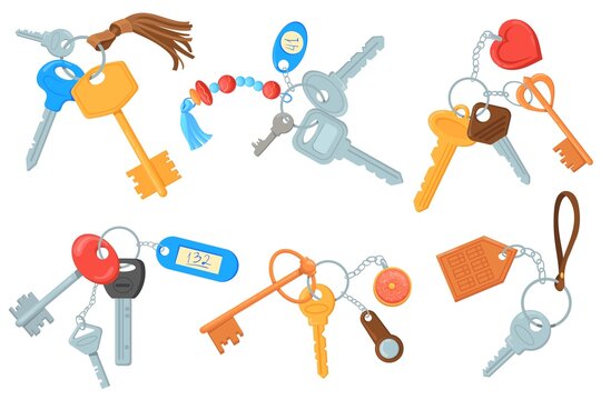 Cartoon keyrings. Apartment keys with keychain, doodle key chain pendant, home keychains and keyholders collection, keyring loss protection, real estate house neat pocket accessory