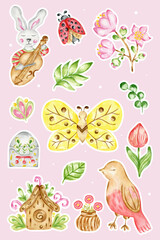 Printable planner stickers. Hand draw Spring stickers set. Watercolor pink magnolia, leaves, bird, cute bunny, tulips,ladybug, butterfly,eucalyptus illustration. 