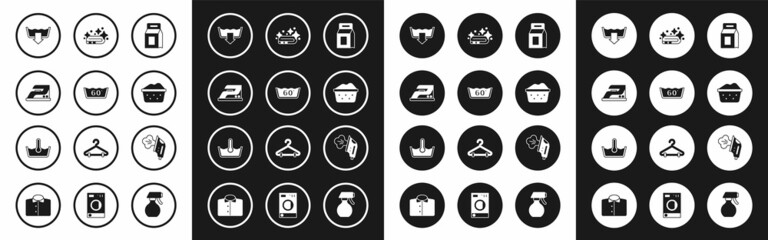 Set Laundry detergent, Temperature wash, Electric iron, Washing modes, Basin with soap suds, Towel stack, and icon. Vector