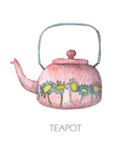 Watercolor images of watercolor porcelain and ceramic teapots of various shapes and colors