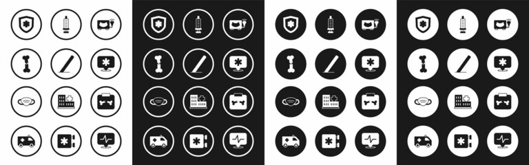 Set Ultrasound, Surgery scalpel, Human broken bone, Life insurance, Location hospital, Syringe, X-ray shots with and Medical protective mask icon. Vector