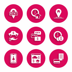 Set Price negotiation, Online real estate, Credit card, Time is money, Car rental, Location house and key icon. Vector