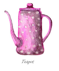 Watercolor images of watercolor porcelain and ceramic teapots of various shapes and colors