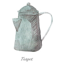 Watercolor images of watercolor porcelain and ceramic teapots of various shapes and colors