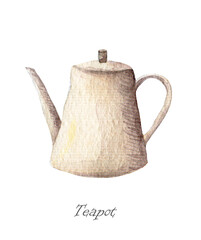 Watercolor images of watercolor porcelain and ceramic teapots of various shapes and colors