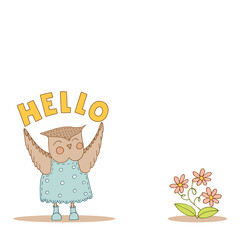 Hand drawn cute animals. An owl in a blue dress with polka dots and boots. Flower and leaves. Hello. White background. Vector.