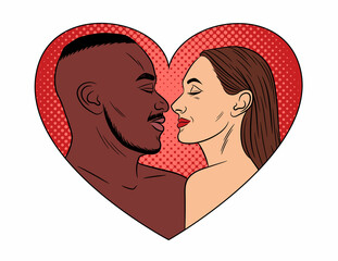 Color vector illustration in pop art style. Interracial couple look at each other passionately. Postcard for Valentine's Day. African American man and white woman together inside of heart frame