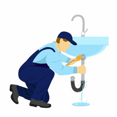  Plumber repairs a pipe. Repairman tightens the nut with a wrench under the sink. Plumbing works. Illustration in flat style on white background.